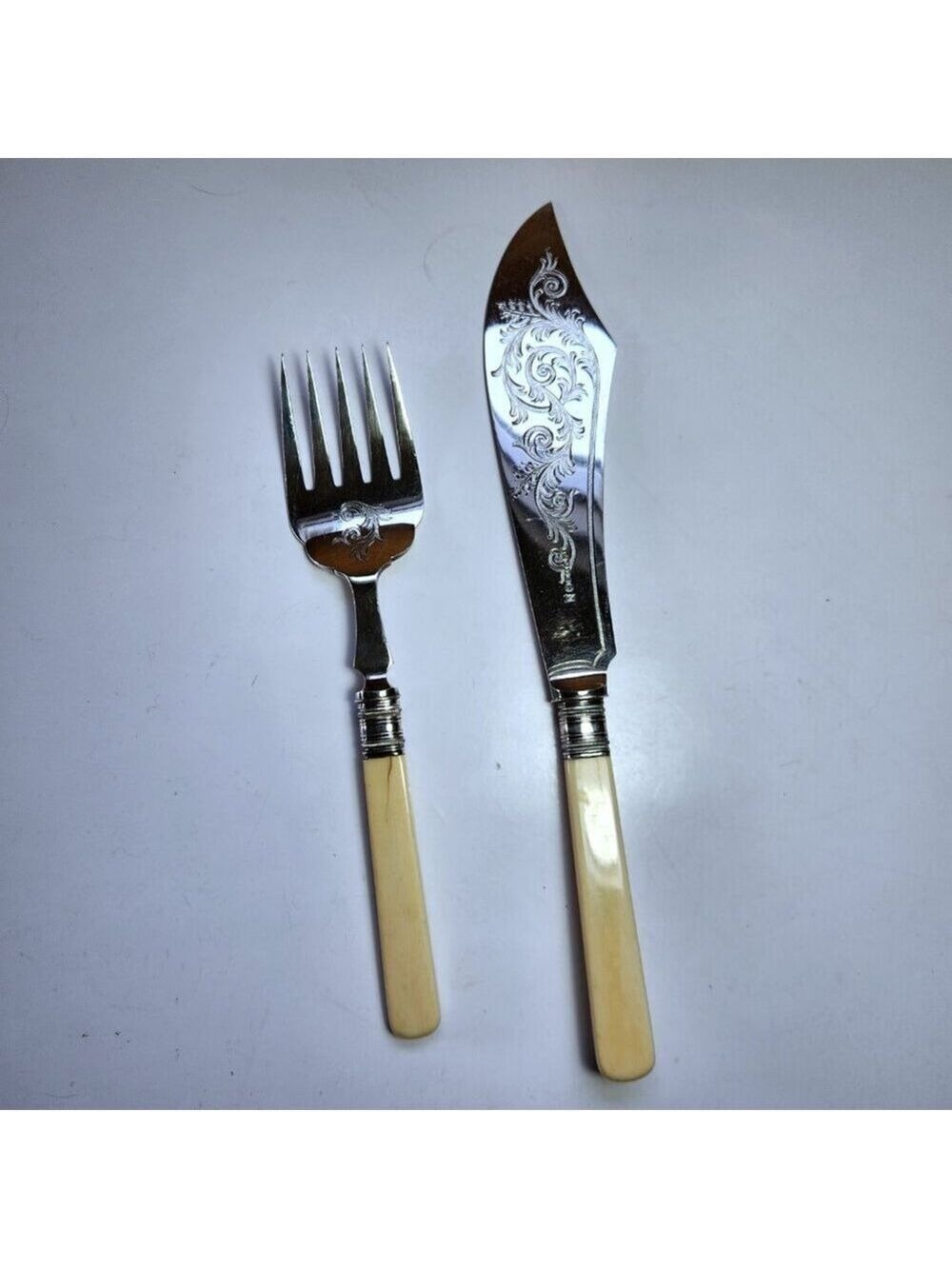 Vintage Allen & Darwin Fish Serving Knife & Fork Set Silverplate Etched EP